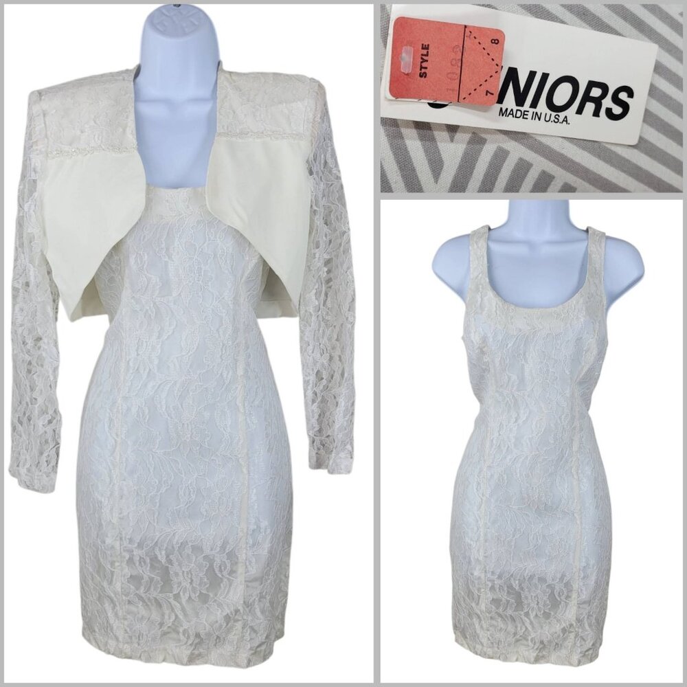 NEW Vtg 80s Evening Party Dress Jacket Set Size 6/8 Alt Lace Prom White Wedding